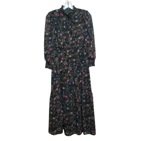 Vince Camuto Green  Tie Neck Floral Print Longsleeve Maxi Dress Size 2 - Picture 2 of 9